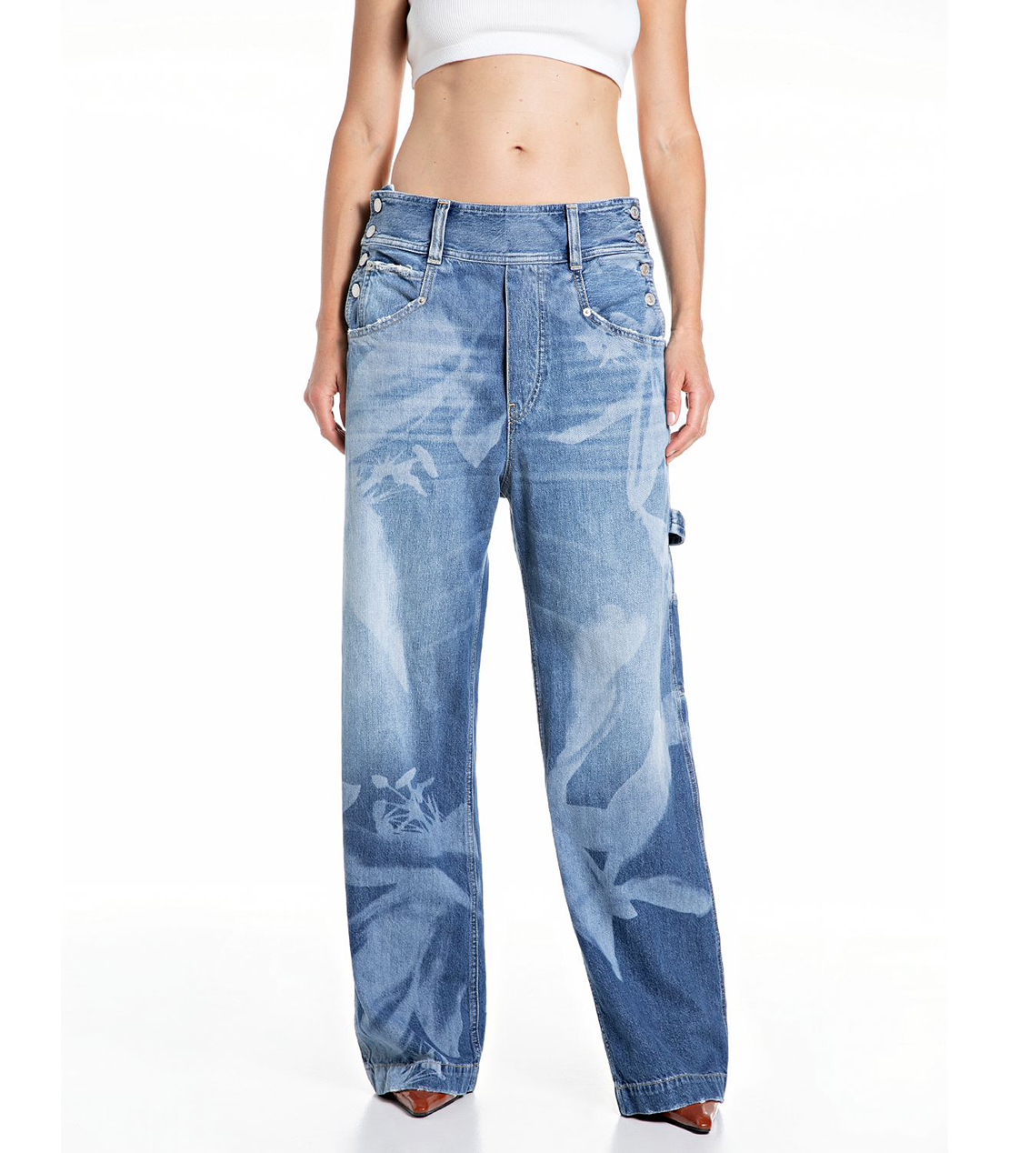 フラワープリントワークワイドデニム